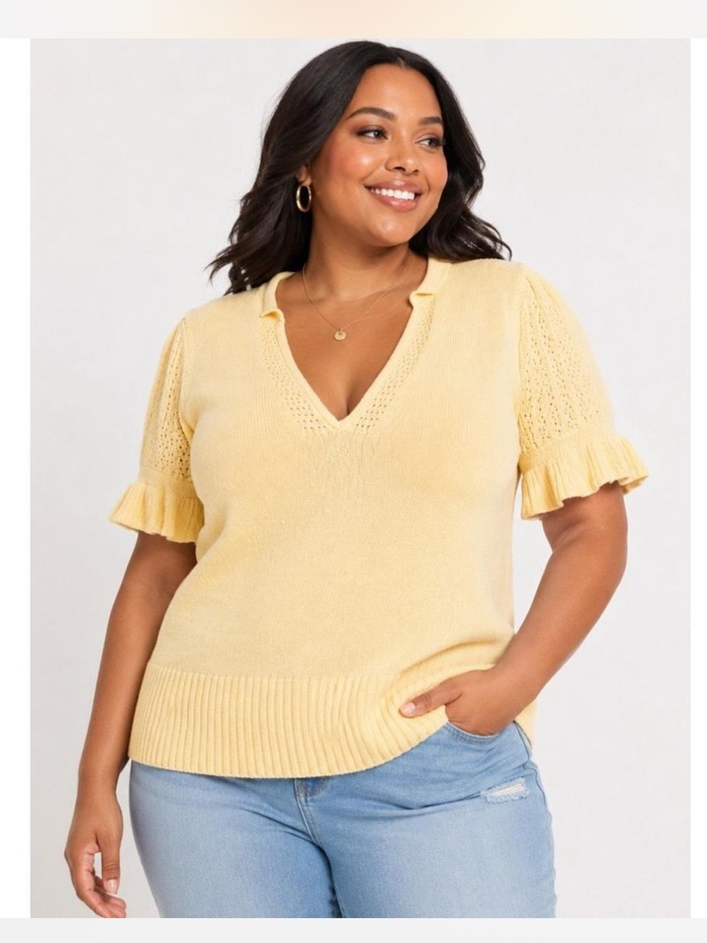 Ruffle Sleeve Knit Top - Yellow